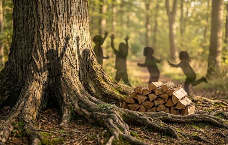 Ein mächtiger alter Baumstamm mit tiefen Wurzeln an einem Waldweg im Morgenlicht, daneben ein Stapel Zedernholz, an der Rinde der Schatten von Kindern, als Sinnbild für die Holz-Persönlichkeit, Führungsstärke und Verwurzelung