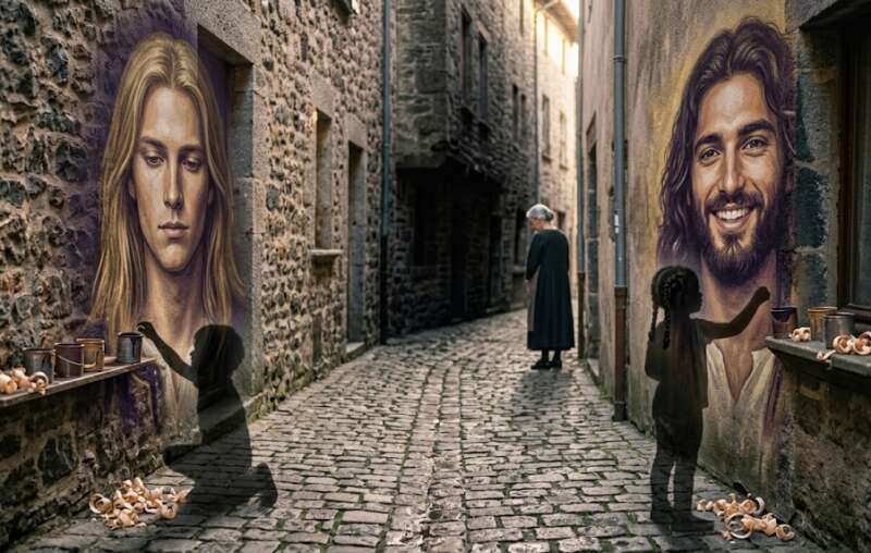Kaulitz Matrix: Zwei gemalte Gesichter an Steinwänden einer engen Gasse, davor zwei kindliche Schatten mit denselben Farbtöpfen, eine ältere Frau sieht zu