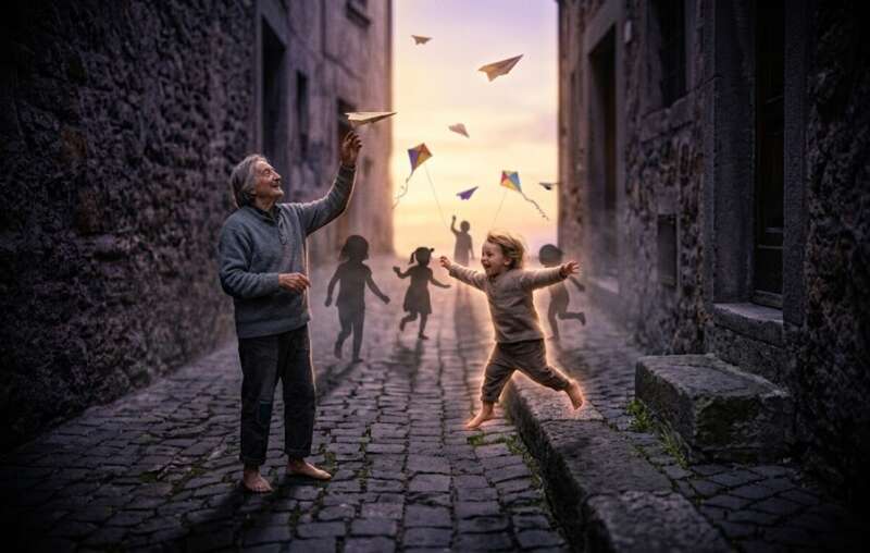 Kinderschicksalsmatrix 22: Älterer Mann fängt einen Papierflieger, sein inneres Kind springt lachend von einer Mauer, kindliche Schattenfiguren lassen Drachen steigen