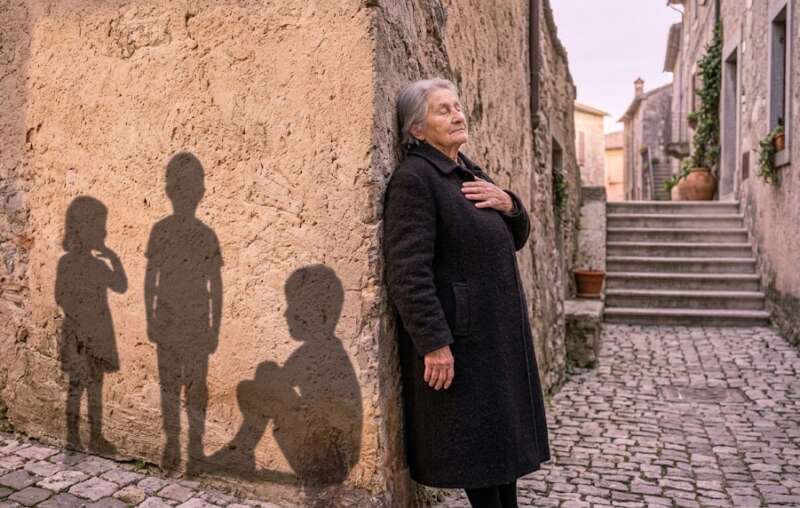 Ältere Frau lehnt mit geschlossenen Augen und einer Hand auf der Brust an einer alten Steinwand, an der Wand die Schatten von drei Kindern