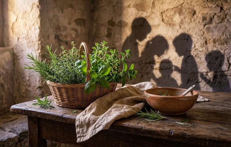 Frische Rosmarin-, Thymian-, Basilikum-, Majoran- und Pfefferminzzweige in einem Korb auf einem alten Holztisch an einer Steinwand im warmen Küchenlicht, an der Wand die Schatten von Kindern, als Sinnbild für die Kraut-Persönlichkeit, Fürsorge und Wärme