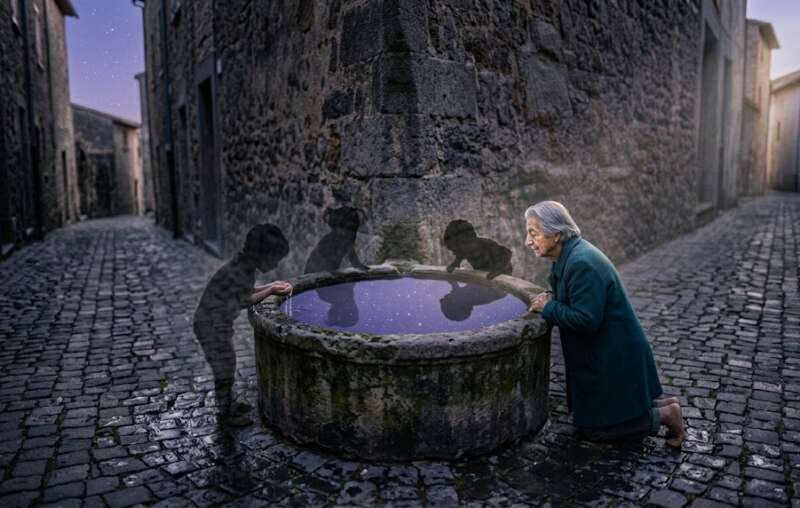 Ein älterer Mann kniet an einem alten Steinbrunnen in der Ecke einer abknickenden Gasse und blickt ins Wasser, in dem sich Sterne spiegeln, kindliche Schattenfiguren schöpfen daneben Wasser