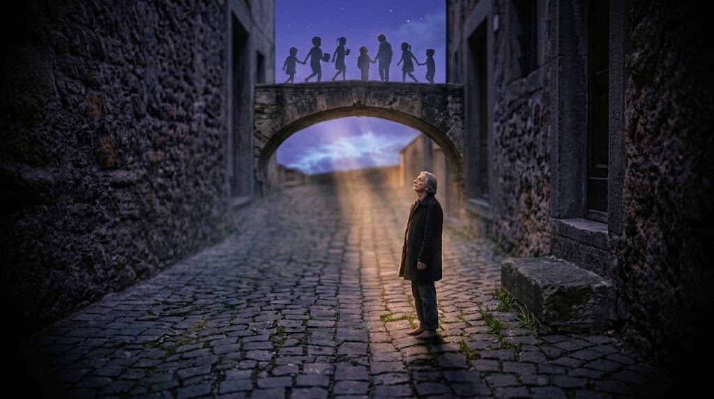 Ein älterer Mann steht in einer engen Steingasse und blickt zu einem Steinbogen hinauf, über den kindliche Schattenfiguren unter dem Abendhimmel laufen