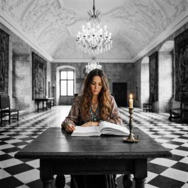 Eine Frau im Boho-Stil sitzt allein an einem Eichentisch im Burgzimmer vor dem aufgeschlagenen Ausbildungs-Skript, Kerzenlicht, Schachbrettboden – Symbolbild für die Matrix of Destiny Basisausbildung