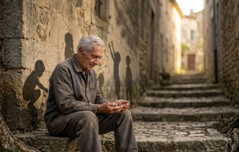 Ein älterer Mann sitzt auf einer Steinstufe in einer engen Steingasse mit Biegung und hält ein kleines Samenkorn in den offenen Händen, auf der alten Steinwand dahinter die Schatten spielender Kinder, als Sinnbild für die Samen-Persönlichkeit, Intuition und unendliche Möglichkeiten