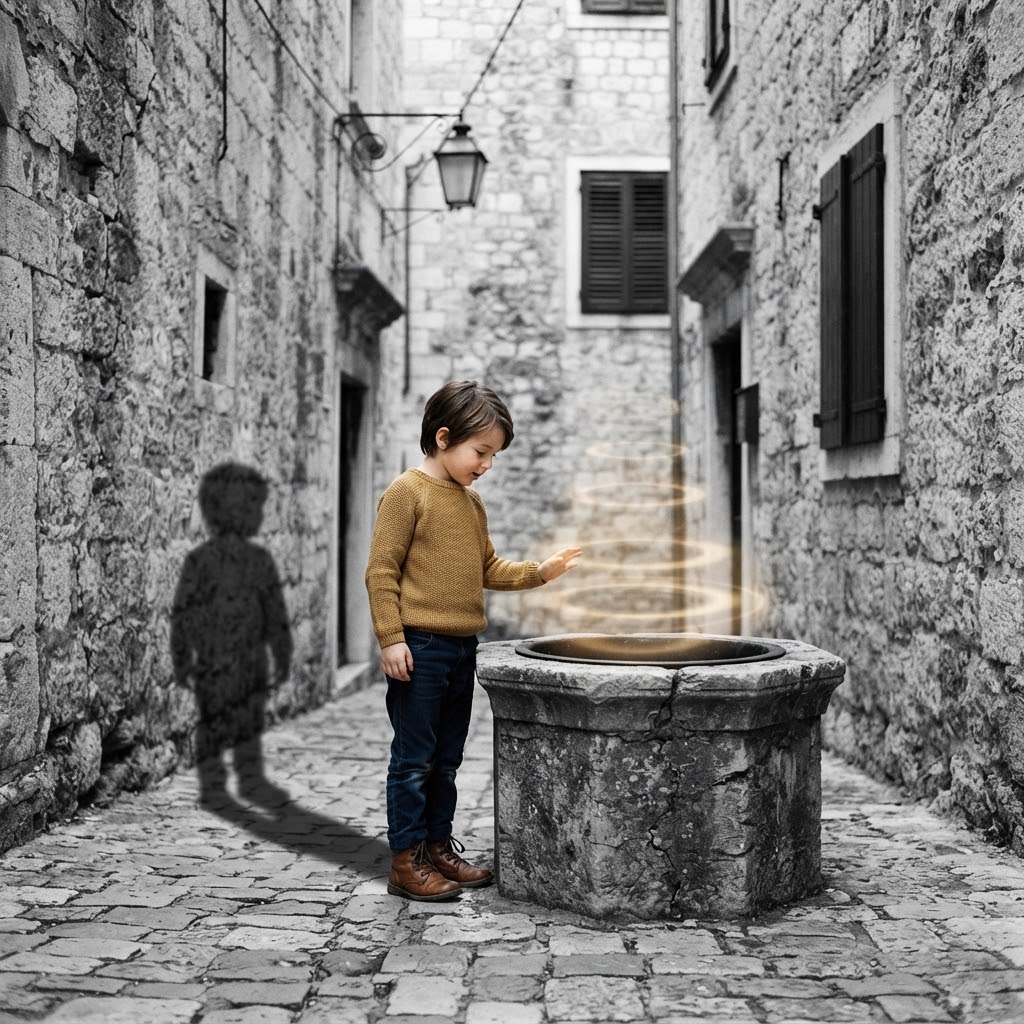 Kind steht an einem alten Steinbrunnen, aus dem sanfte Licht- und Klangwellen aufsteigen – Symbolbild für die Selbstverwirklichung in der Kindermatrix