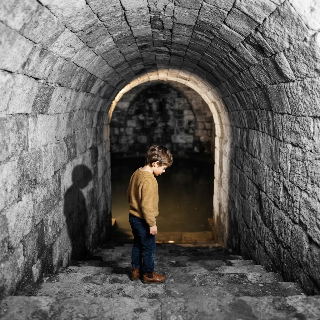 Kind steht auf einer alten Steintreppe über einer stillen, dunklen Wasserfläche in einem Gewölbekeller – Symbolbild für das Unterbewusstsein in der Kindermatrix