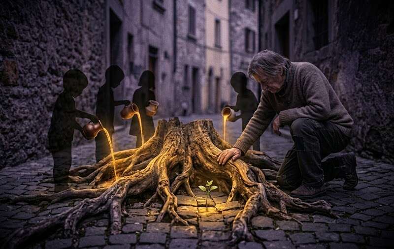 Älterer Mensch kniet in einer engen Gasse vor den Wurzeln eines alten Baumes, kindliche Schattenfiguren gießen sie mit goldenem Licht
